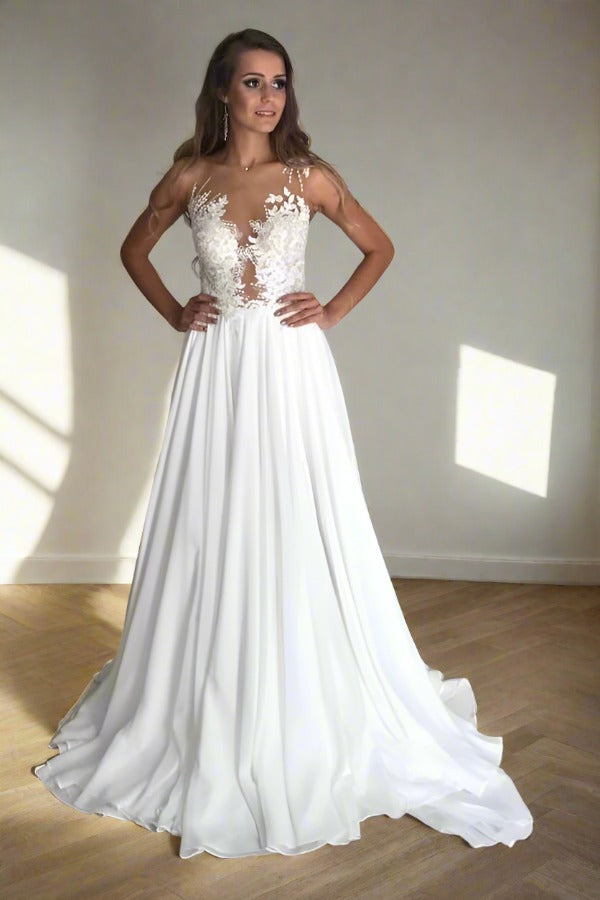 Ivory Illusion Neck Applique A-Line Long Wedding Dress