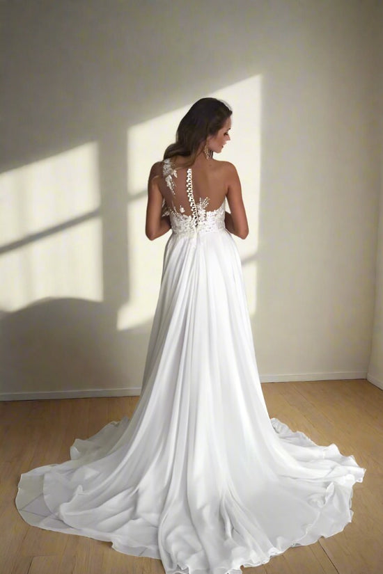 Ivory Illusion Neck Applique A-Line Long Wedding Dress