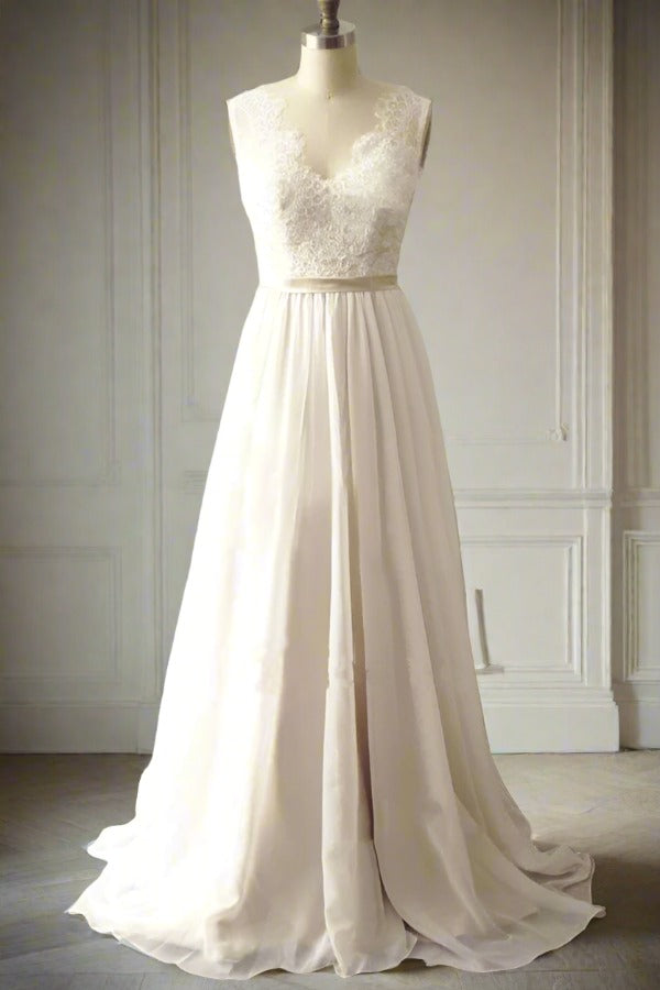 White V-Neck Lace A-Line Long Wedding Dress