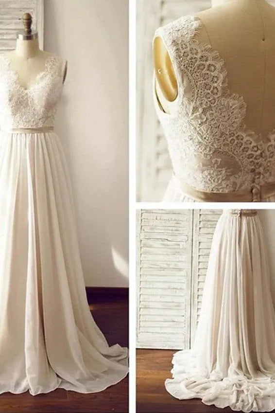 White V-Neck Lace A-Line Long Wedding Dress