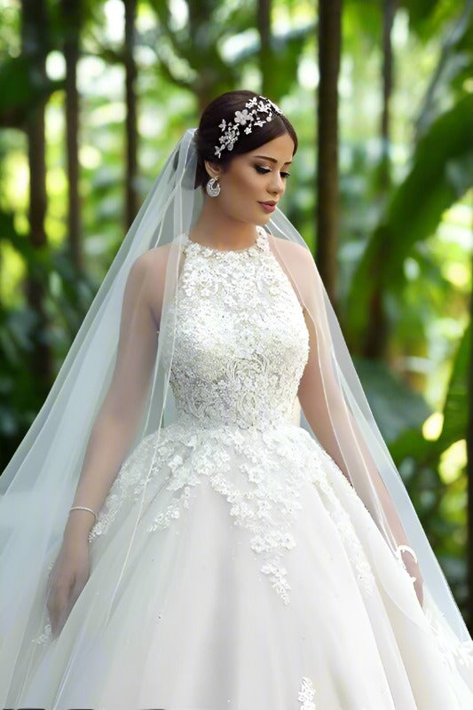 White Halter Applique Beaded Tulle Ball Gown