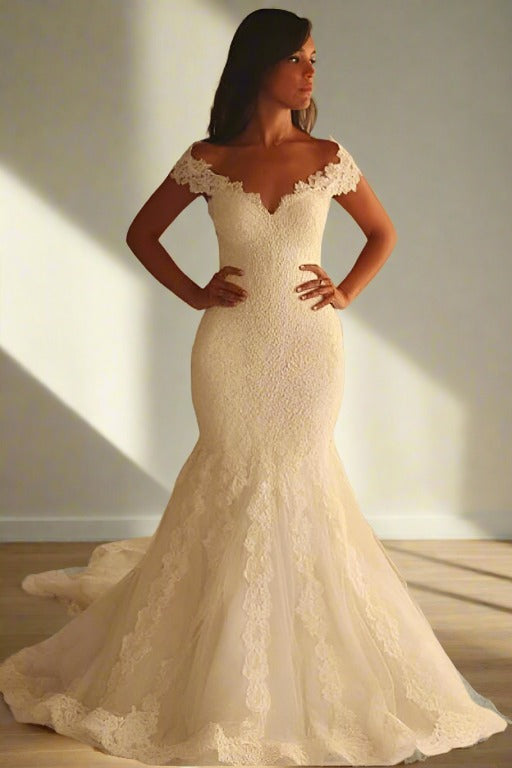 White Off the Shoulder Lace Long Mermaid Wedding Dress