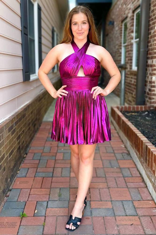 Fuchsia Crossed Halter Metallic A-Line Homecoming Dress