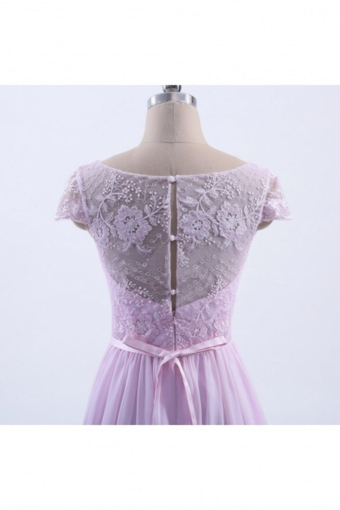 Pink Cap Sleeves Applique A-Line Bridesmaid Dress with Button