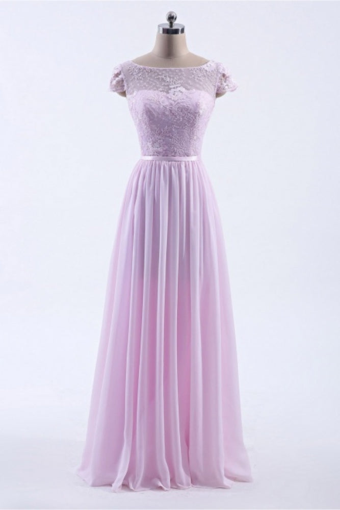 Pink Cap Sleeves Applique A-Line Bridesmaid Dress with Button