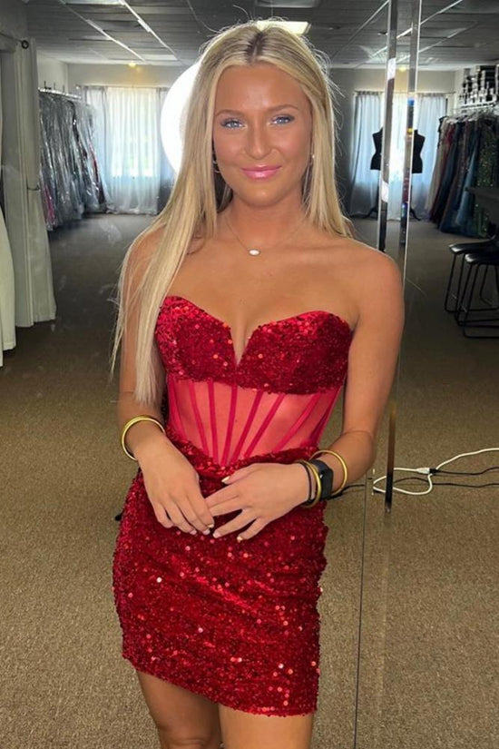 Red Strapless Sequin Boned Bodycon Homecoming Dress