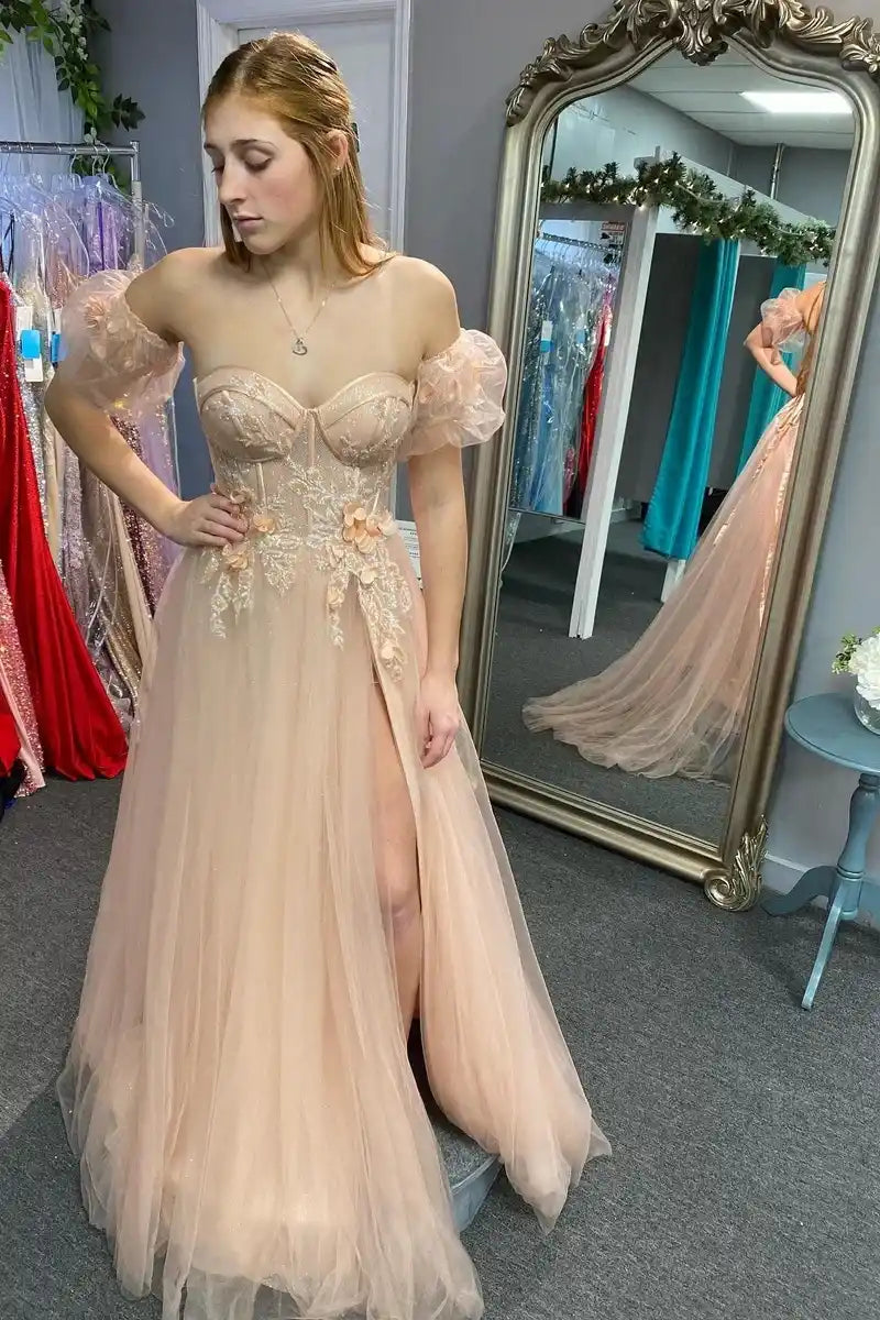 Strapless Sweetheart Detachable Puff Sleeves Appliques Long Prom Dress