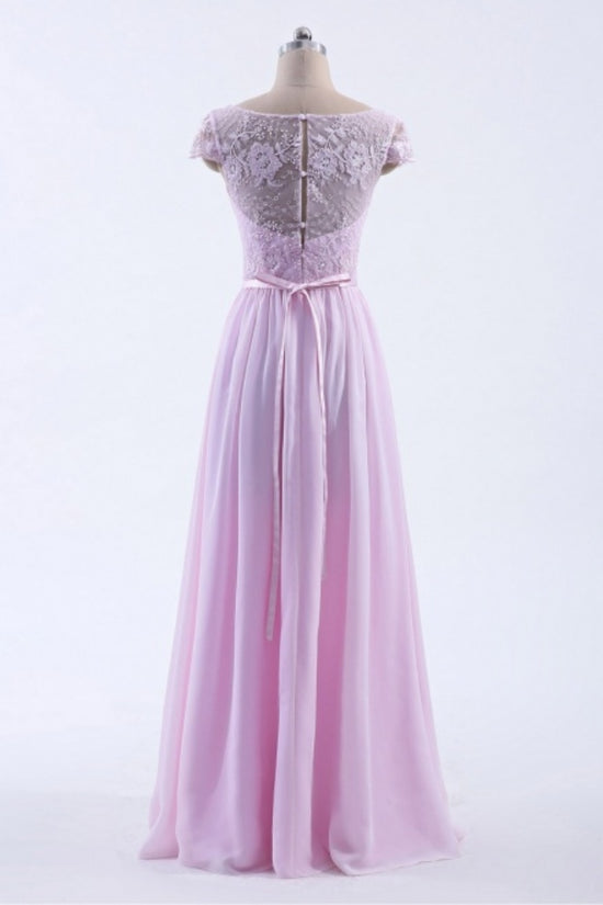 Pink Cap Sleeves Applique A-Line Bridesmaid Dress with Button