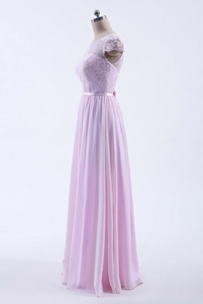 Pink Cap Sleeves Applique A-Line Bridesmaid Dress with Button