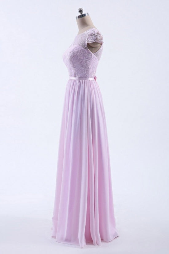 Pink Cap Sleeves Applique A-Line Bridesmaid Dress with Button