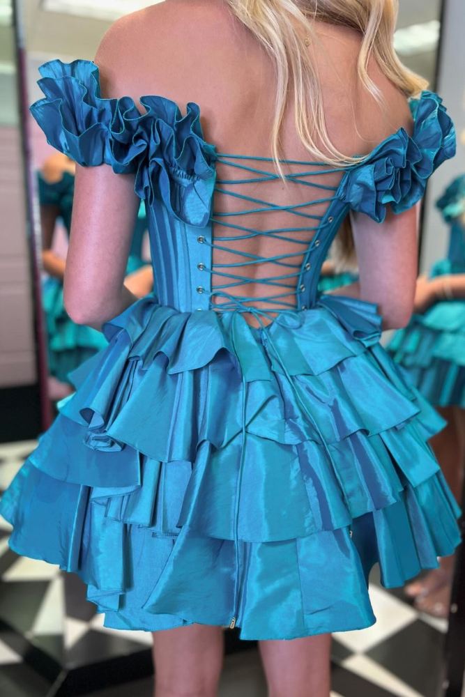 Blue Off the Shoulder A-line Ruffle Homecoming Dress