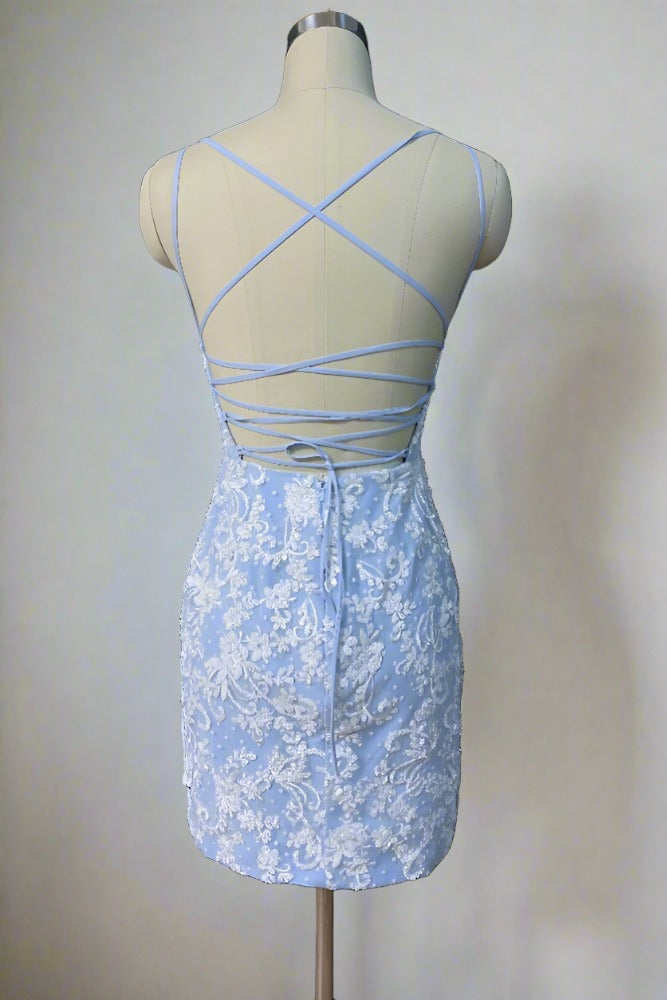 Light Blue V-Neck Applique Homecoming Dress with Lace-up