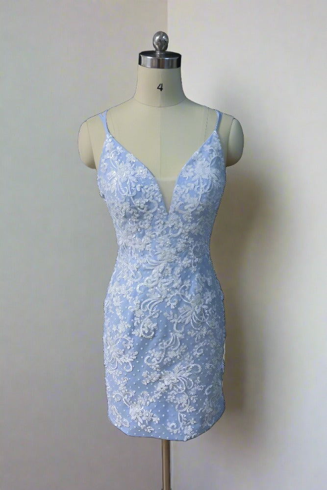 Light Blue V-Neck Applique Homecoming Dress with Lace-up