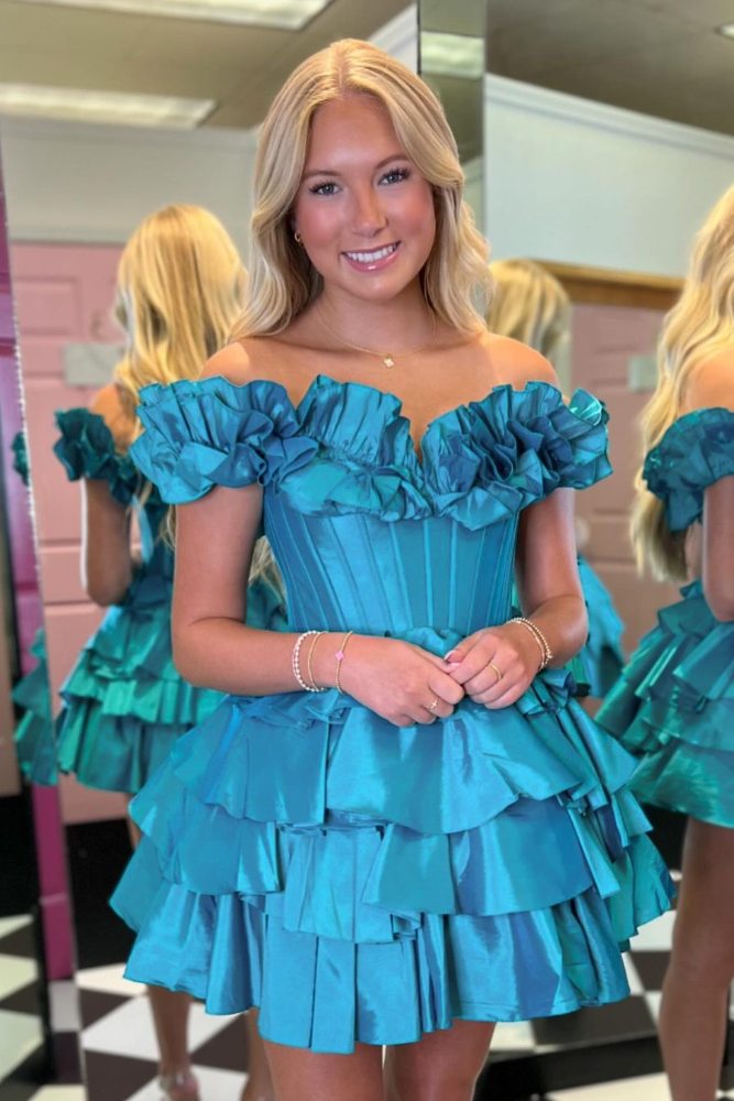 Blue Off the Shoulder A-line Ruffle Homecoming Dress