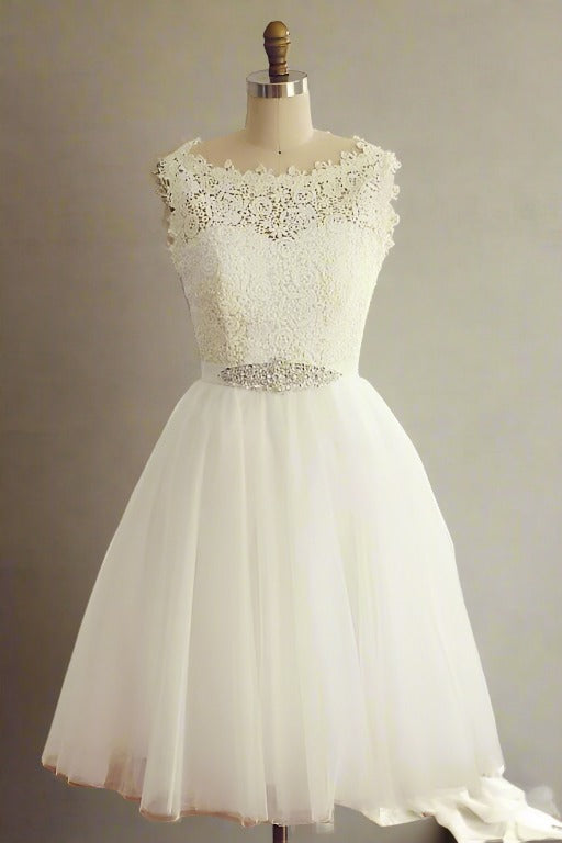 White Crew Neck Lace A-Line Short Wedding Dress