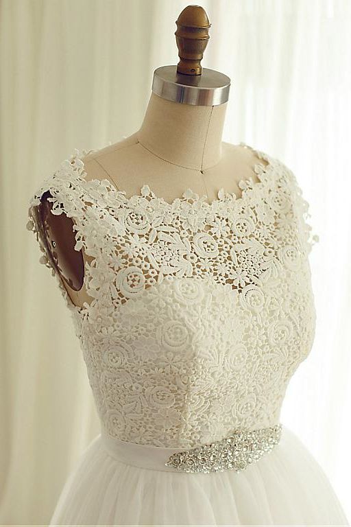 White Crew Neck Lace A-Line Short Wedding Dress