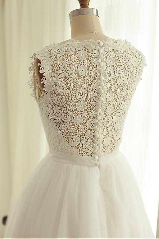 White Crew Neck Lace A-Line Short Wedding Dress