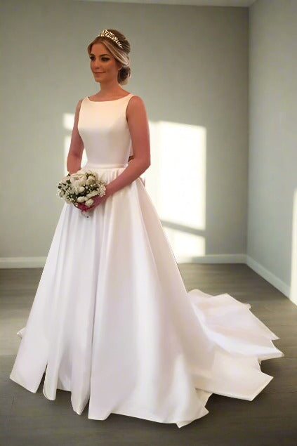 Crew Neck White Satin Wedding Dress with Open Back