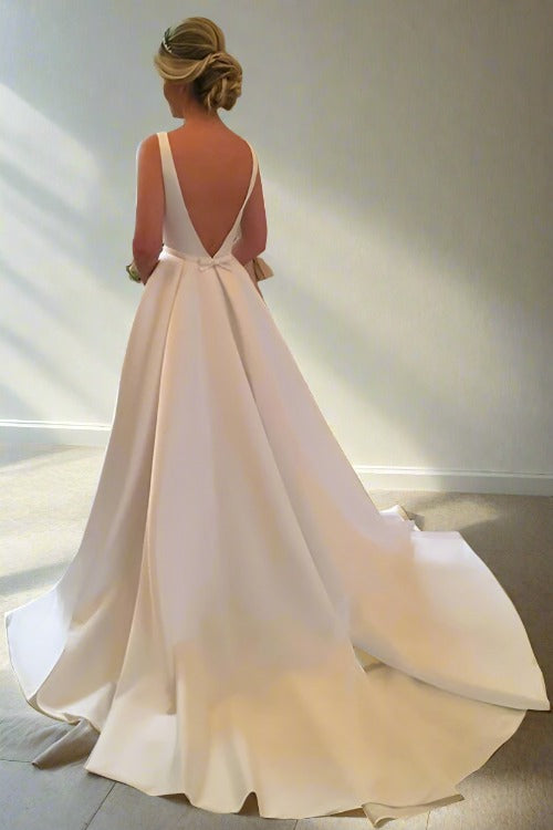 Crew Neck White Satin Wedding Dress with Open Back