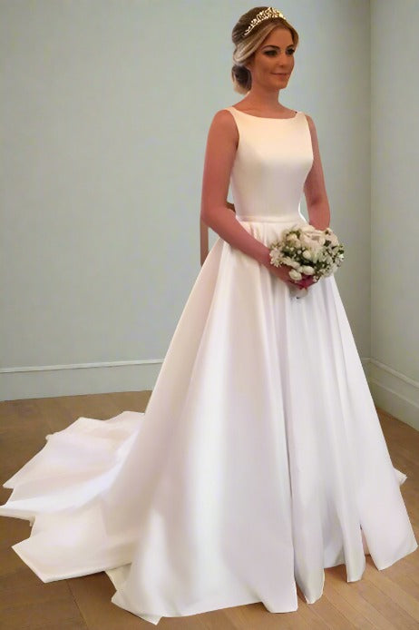 Crew Neck White Satin Wedding Dress with Open Back