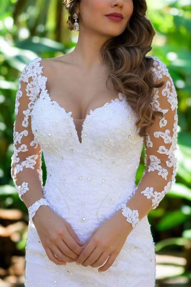 White V-Neck Lace Beaded Mermaid Bridal Dress with Illusion Sleeves   Movousdress