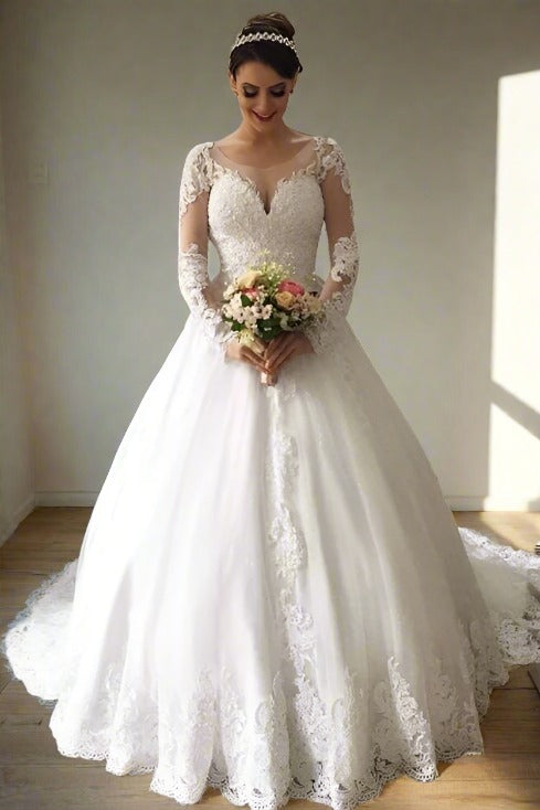 White Crew Neck Applique A-Line Tulle Ball Gown