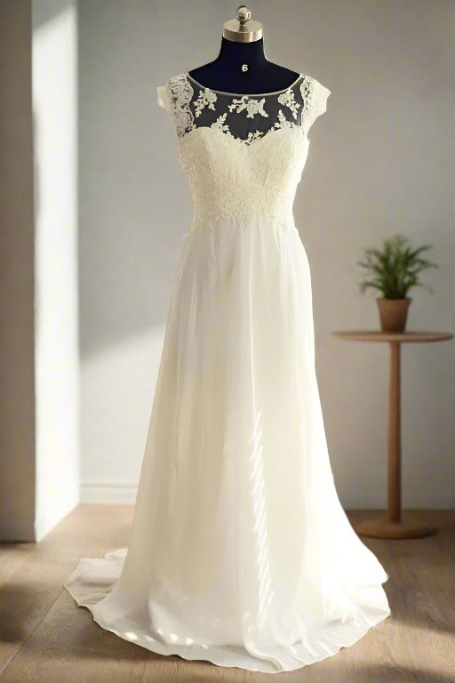 Ivory Cap Sleeves Applique Wedding Dress with Bow