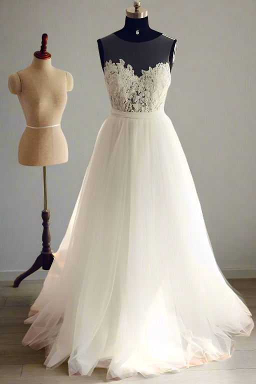 White Illusion Neck A-Line Tulle Wedding Dress