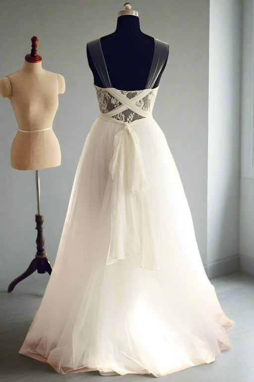 White Illusion Neck A-Line Tulle Wedding Dress