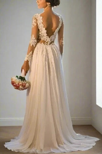 Ivory V-Neck Applique Beaded Long Bridal Dress