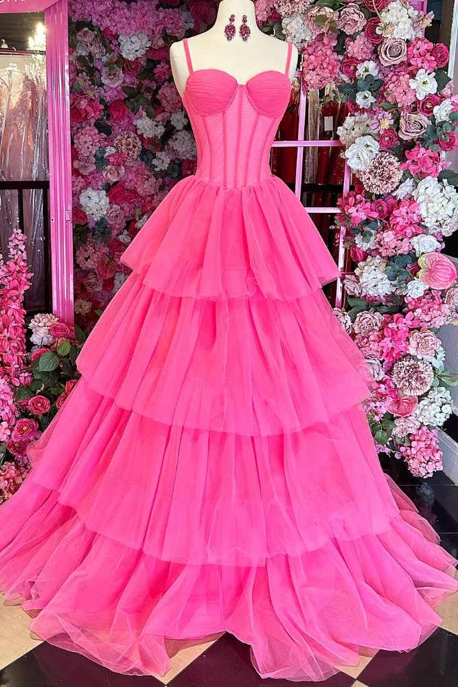 Hot Pink Straps Corset Tiered A-Line Prom Dress