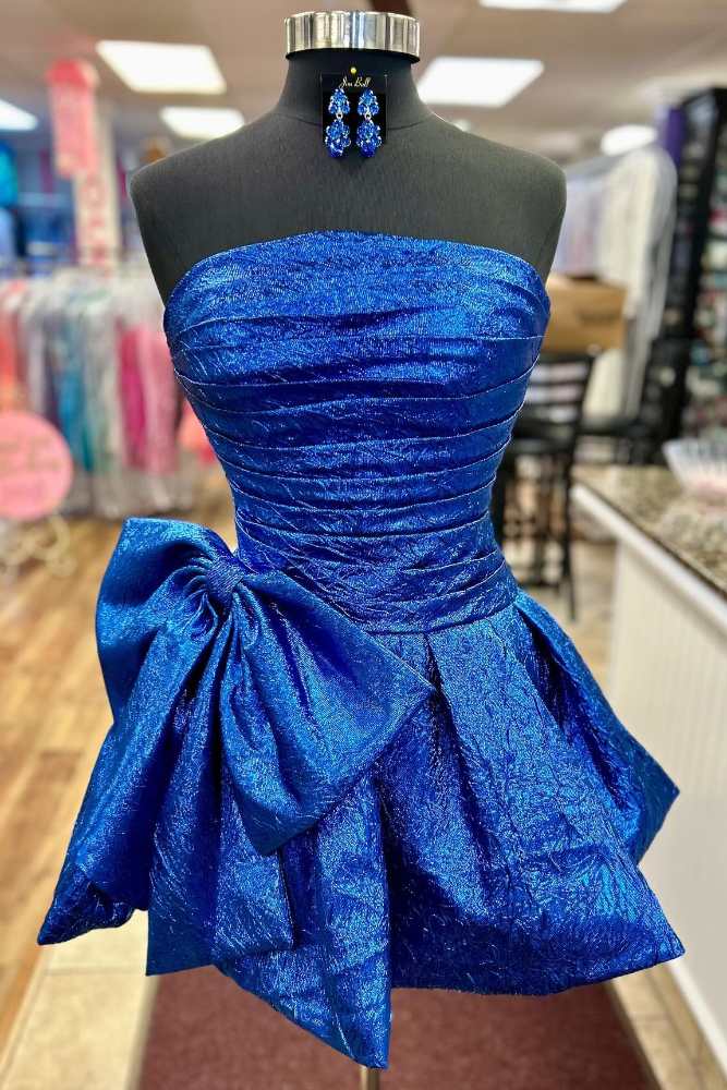 Strapless Blue A-line Pleated Homecoming Dress with Bow