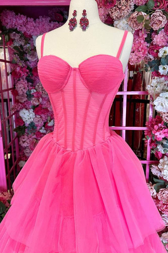 Hot Pink Straps Corset Tiered A-Line Prom Dress