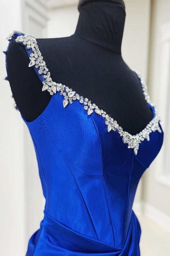 Royal Blue Straps Pleated Mermaid Formal Dress with Rhinestones