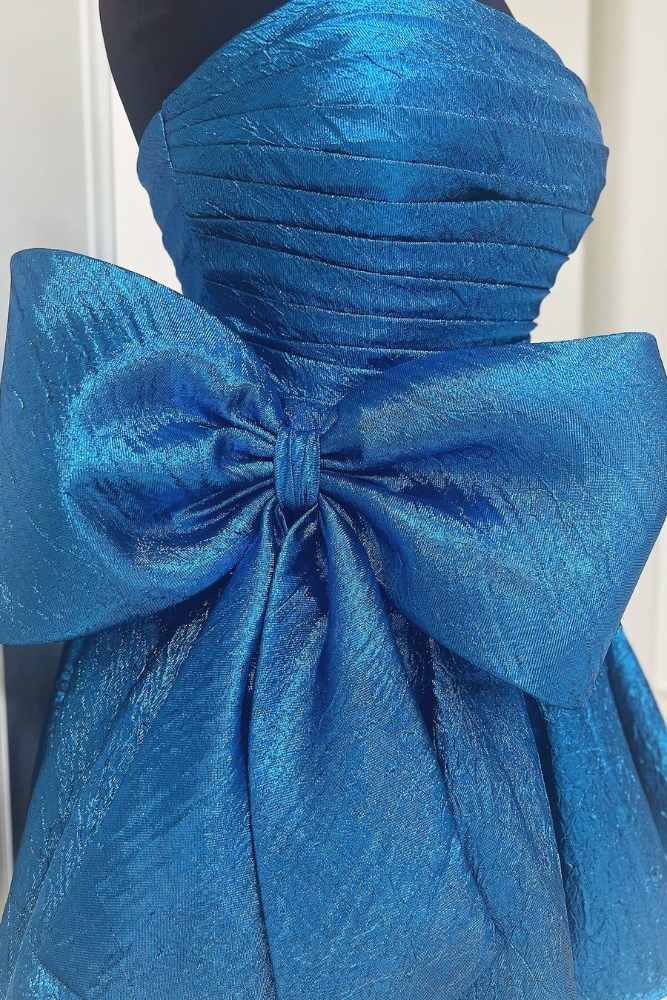 Strapless Blue A-line Pleated Homecoming Dress with Bow