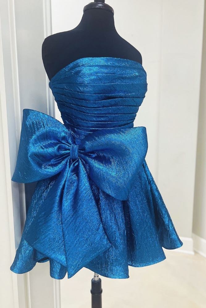 Strapless Blue A-line Pleated Homecoming Dress with Bow