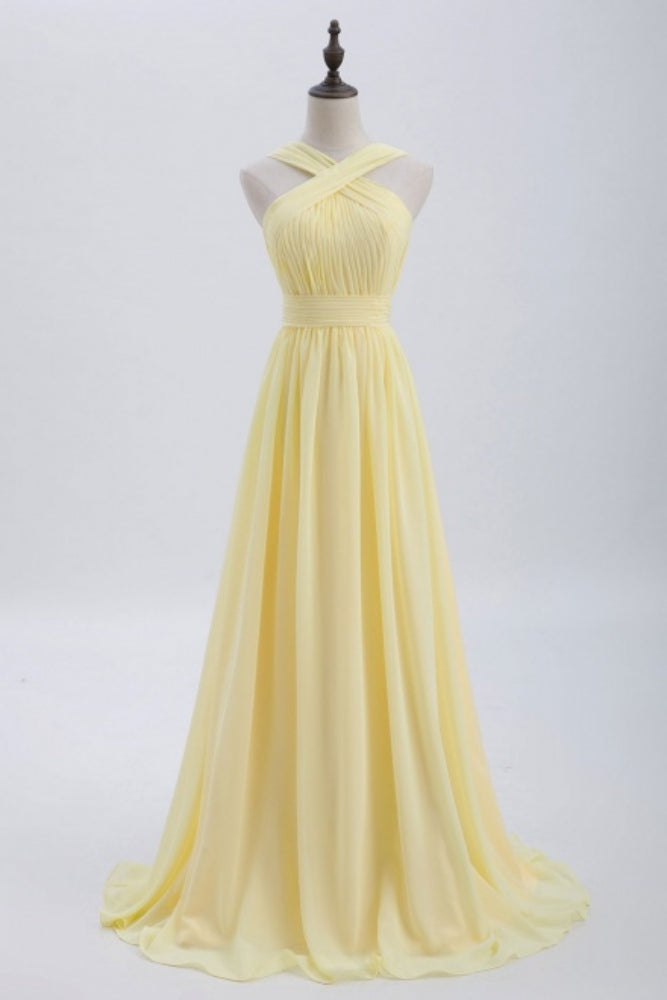 Yellow Criss Cross Halter A-Line Bridesmaid Dress