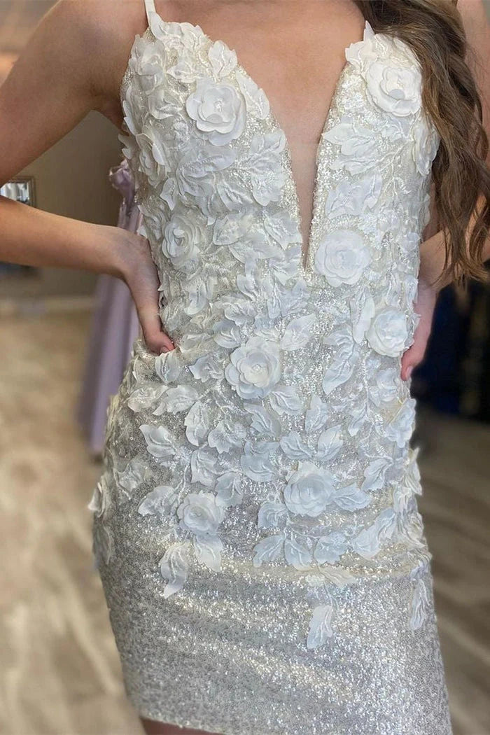 Chic Sequins Fitted V-Neck Appliques Homecoming Dress