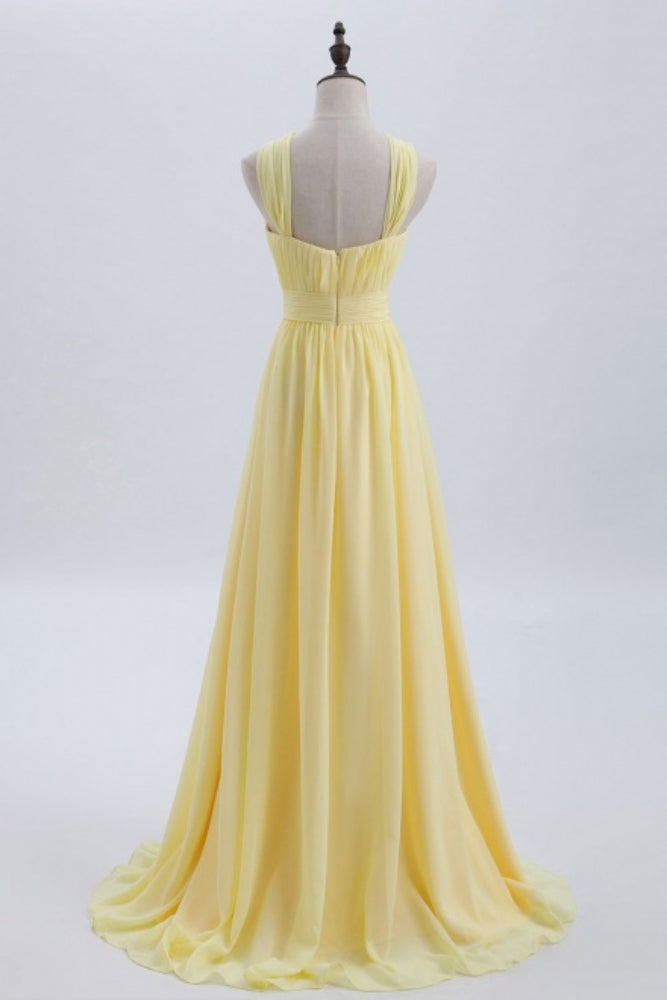 Yellow Criss Cross Halter A-Line Bridesmaid Dress