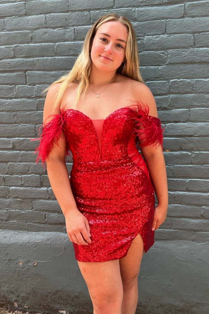 Red Off the Shoulder Sequin Homecoming Dress with Feather