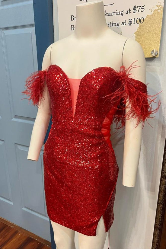 Red Off the Shoulder Sequin Homecoming Dress with Feather