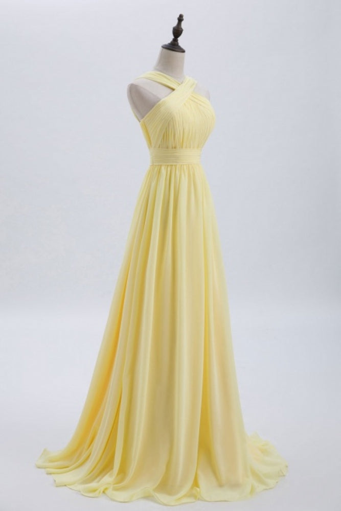 Yellow Criss Cross Halter A-Line Bridesmaid Dress