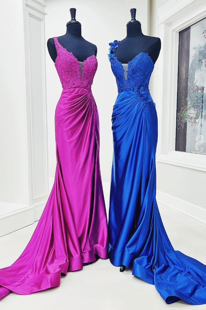 One Shoulder Royal Blue Applique Pleated Mermaid Prom Dress