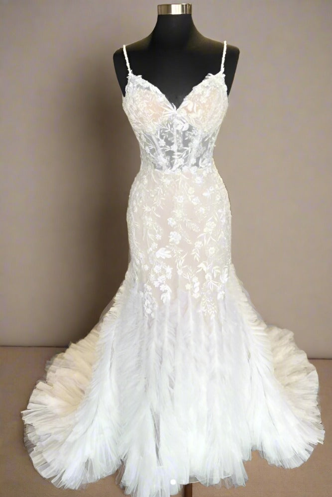 Ivory Straps Lace Ruffle Mermaid Wedding Dress