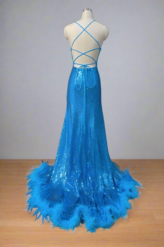 Blue Spaghetti Straps Sequin Slit Praty Dress with Feather