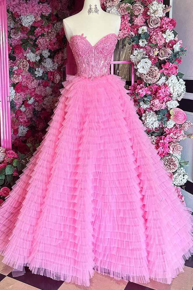 Pink Strapless Applique Ruffle Layered Tulle Prom Dress