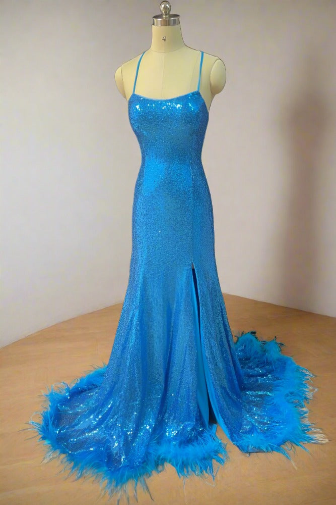 Blue Spaghetti Straps Sequin Slit Praty Dress with Feather