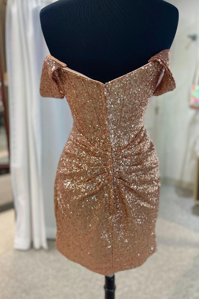 Gold Off the Shoulder Sequin Bodycon Homecoming Dress