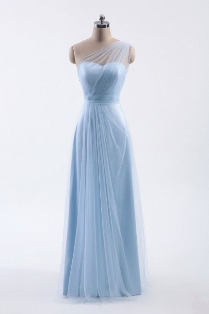 Ice Blue One Shoulder Tulle Bridesmaid Dress