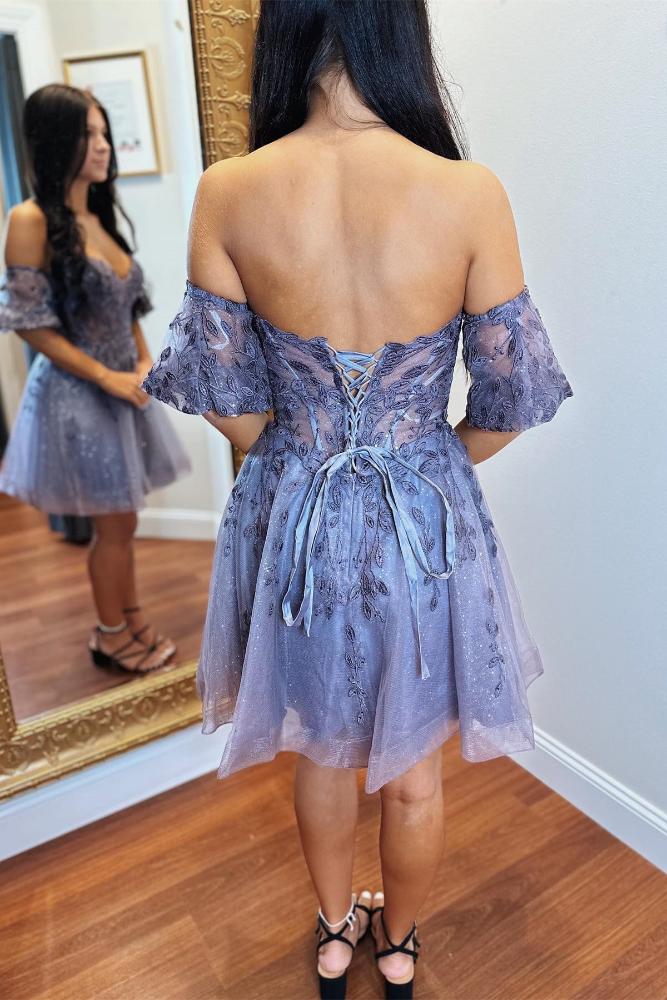 Smoky Blue Off the Shoulder Applique A-Line Homecoming Dress